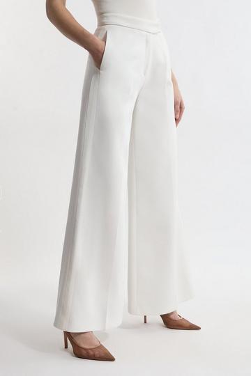 Lydia Millen Petite Compact Stretch Grograin Detail Tailored Wide Leg Trouser ivory