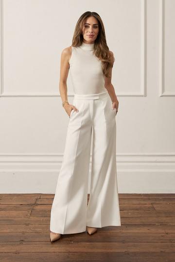 Lydia Millen Compact Stretch Grosgrain Detail Tailored Wide Leg Trouser ivory