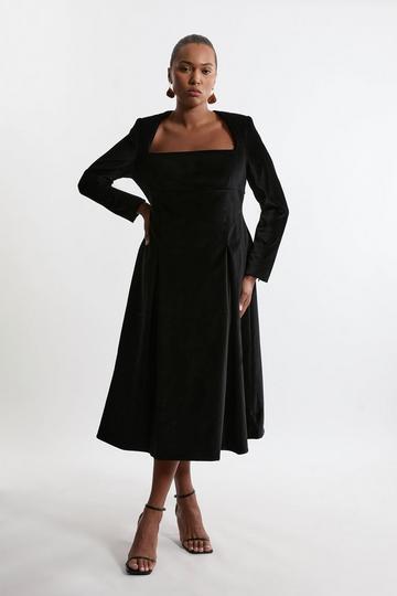 Plus Size Velvet Tailored Pleat Full Skirted Midaxi Dress black