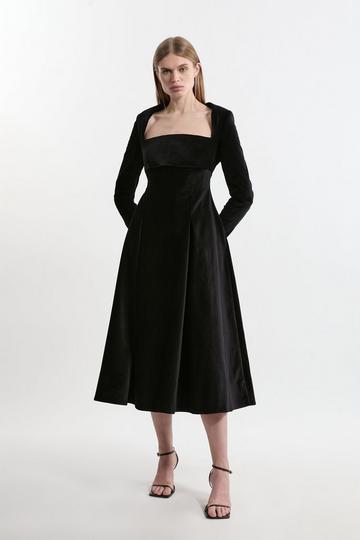 Black Petite Velvet Tailored Pleat Full Skirted Midaxi Dress