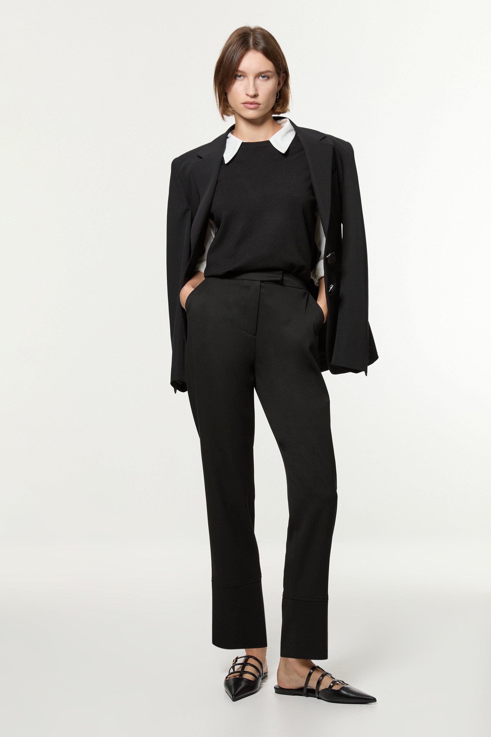 Black Technical Crepe Tailored Straight Turn Up Hem Pants