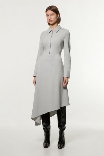 Technical Crepe Tailored Metal Zipp Detail High Low Midi Dress grey marl