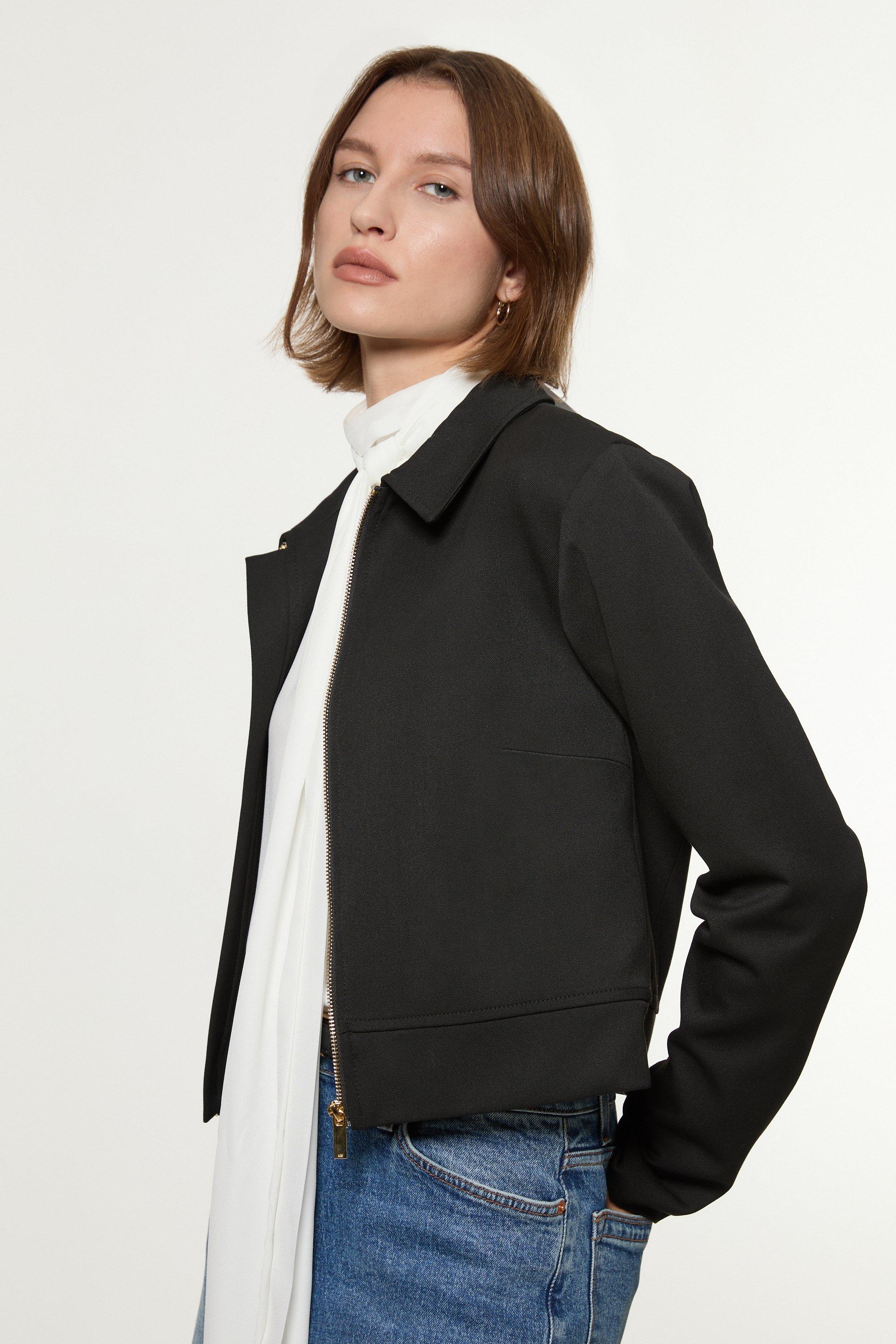 Black Technical Crepe Tailored  Metal Zip Detail Jacket