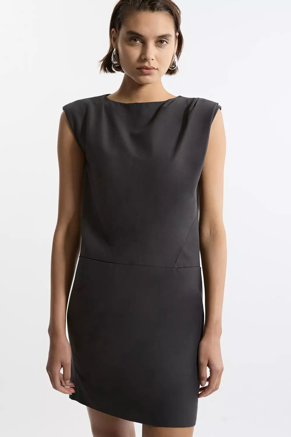 Black Tailored Pleat Neck Pocket Detail Midi Dress alternative image