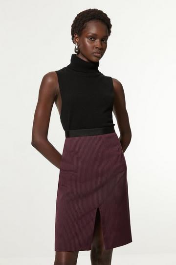 Pinstripe Tailored Grosgrain Detail Midi Skirt merlot