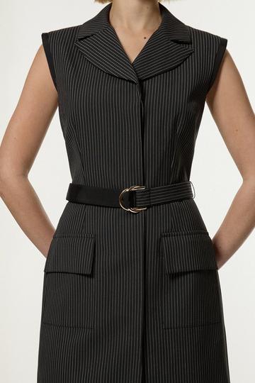 Black Pinstripe Tailored Grograin Detail Pocket Midi Dress