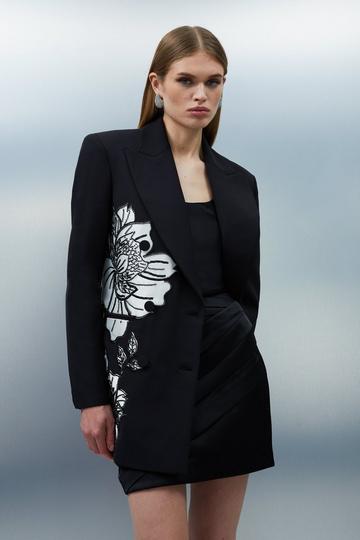 Tailored Applique Satin Beaded Tuxedo Blazer black