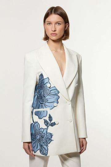 Tailored Applique Satin Beaded Tuxedo Blazer ivory