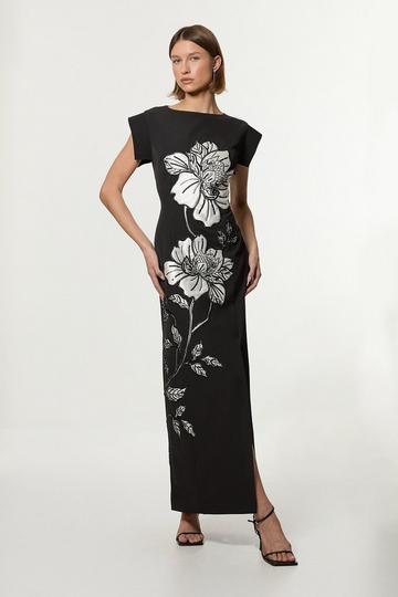 Black Tailored Applique Satin Beaded Maxi Dress