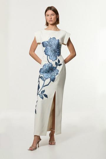 Tailored Applique Satin Beaded Maxi Dress ivory