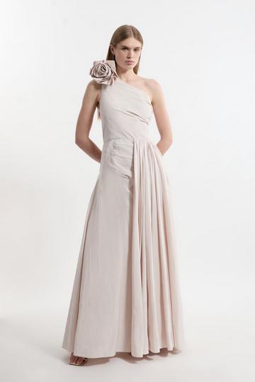 Petite Taffeta Rosette Neck Tailored Pleat Gathered Maxi Dress blush