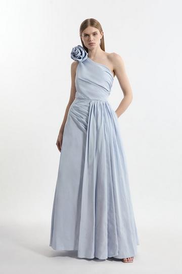 Petite Taffeta Rosette Neck Tailored Pleat Gathered Maxi Dress pale blue