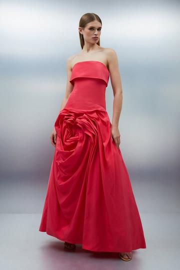 Pink Taffeta Bandeau Tailored Rosette Pleat Maxi Dress