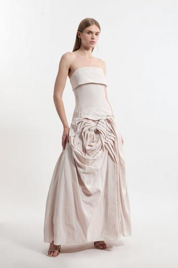 Taffeta Bandeau Tailored Rosette Pleat Maxi Dress mono