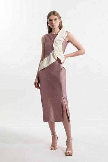 Textured Tailored Contrast Taffeta Ruffle Maxi Dress blush