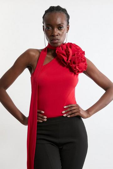 Red Rosette Neck Detailed Drapey Jersey Bodysuit