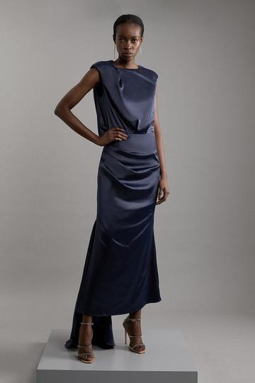 Navy Sleeveless Satin Drape Woven Maxi Dress