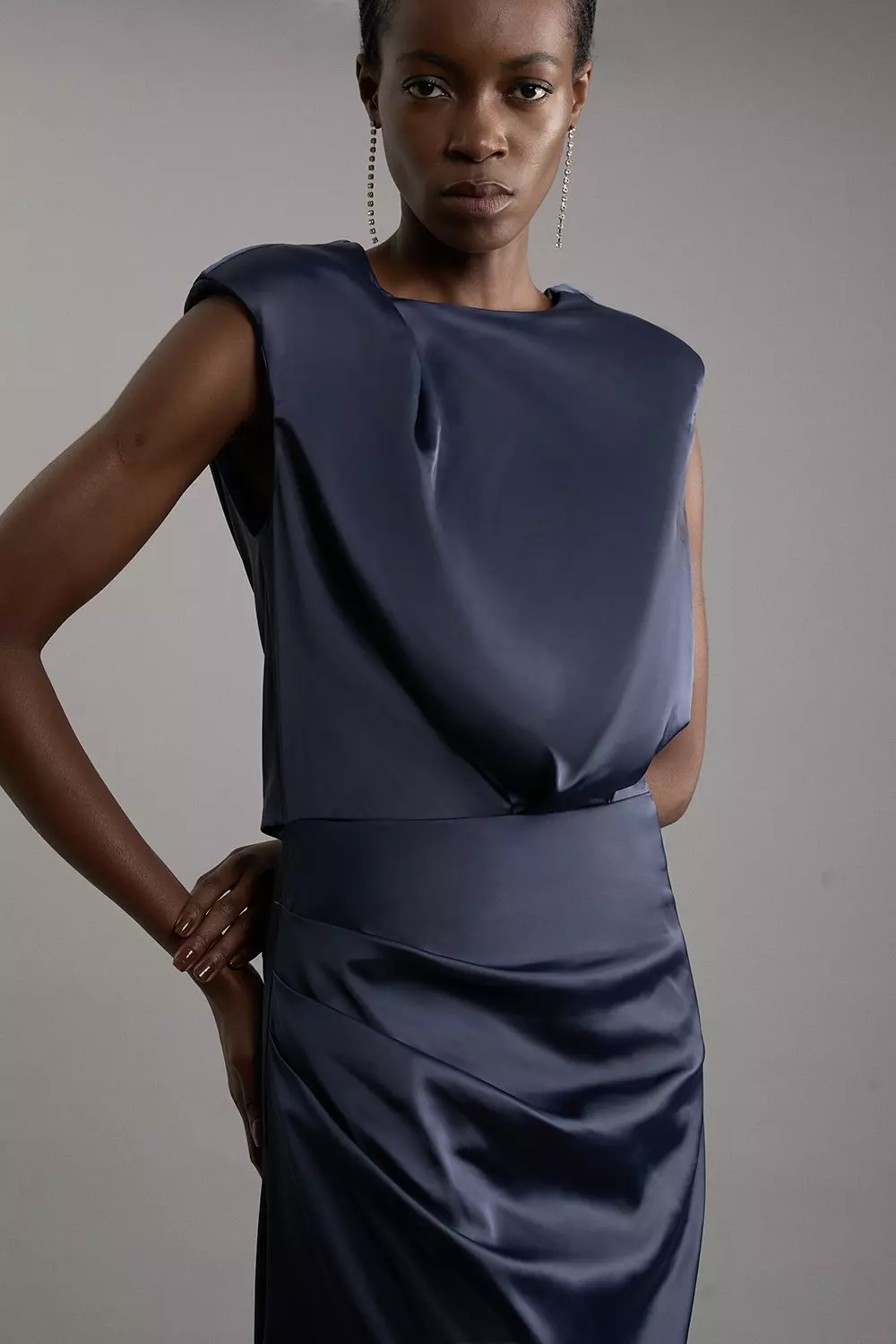 Karen Millen Womens Sleeveless Satin Drape Woven Midaxi Dress Navy Size 8