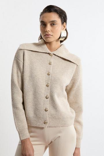 Wool Blend Cosy Knit Fly Collar Boxy Cardi natural