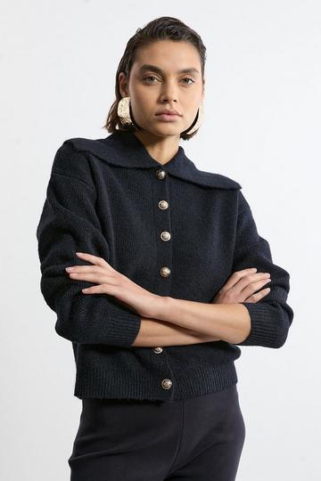 Wool Blend Cosy Knit Fly Collar Boxy Cardi navy