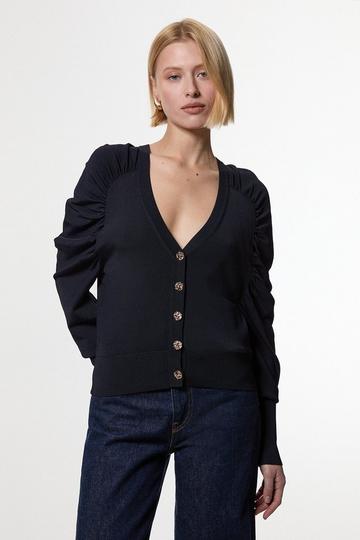 Black Premium Drapey Knit Ruched Sleeve Cardi