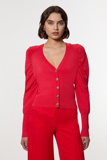 Premium Drapey Knit Ruched Sleeve Cardi red