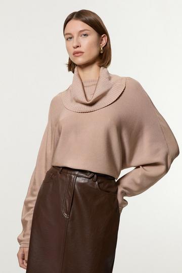 Polished Slinky Knit Oversized Roll Neck Top champagne