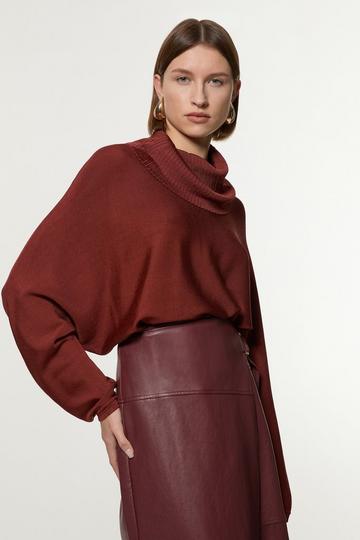 Polished Slinky Knit Oversized Roll Neck Top chocolate