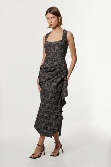 Jacquard Ruffle Strappy Tailored Midi Dress black