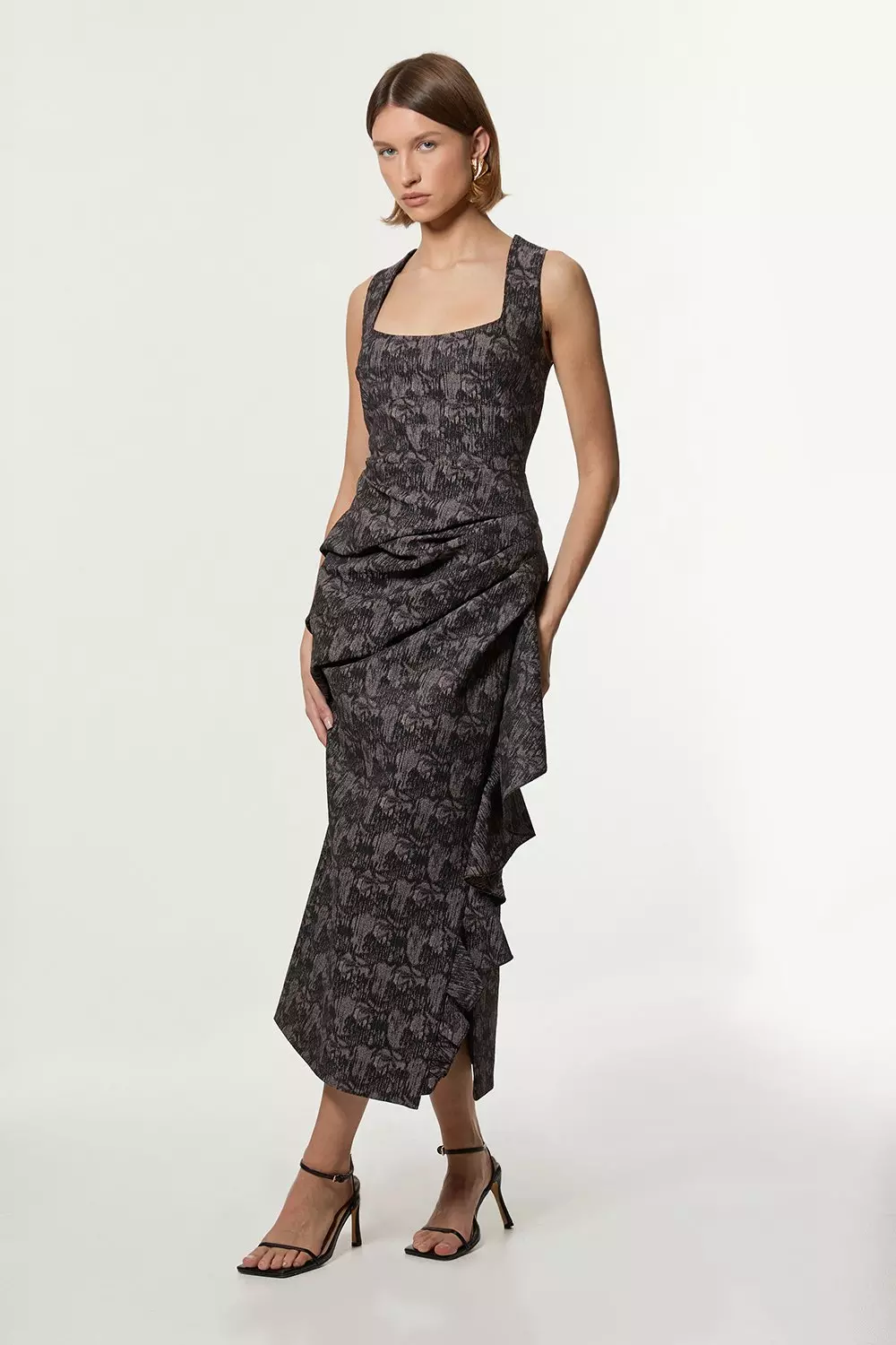 Petite Jacquard Ruffle Strappy Tailored Maxi Dress Karen Millen