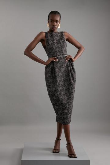 Black Jacquard Belted Pencil Tailored Maxi Dress