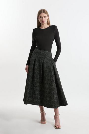 Green Jacquard Tailored Prom Midi Skirt