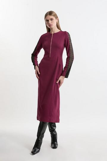 Tailored Twill Lace Mix Zip Front Midi Dress plum