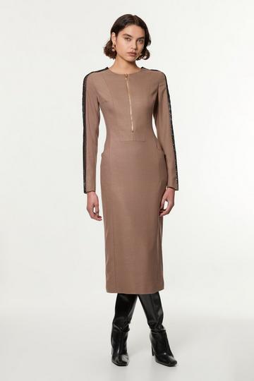 Tailored Twill Lace Mix Zip Front Midi Dress taupe