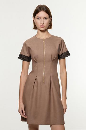 Tailored Twill Lace Mix Zip Front Mini Dress taupe