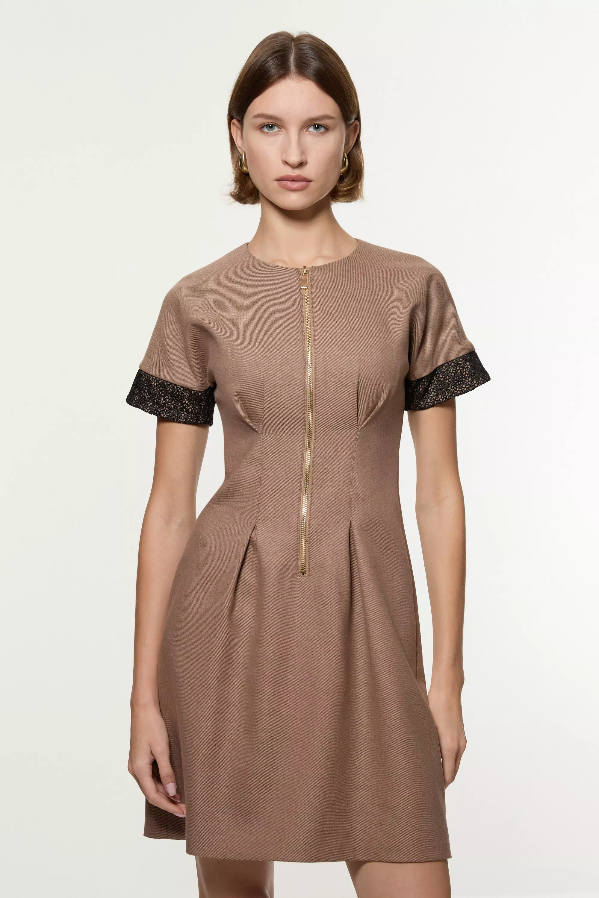 Taupe Tailored Twill Lace Mix Zip Front Mini Dress alternative image