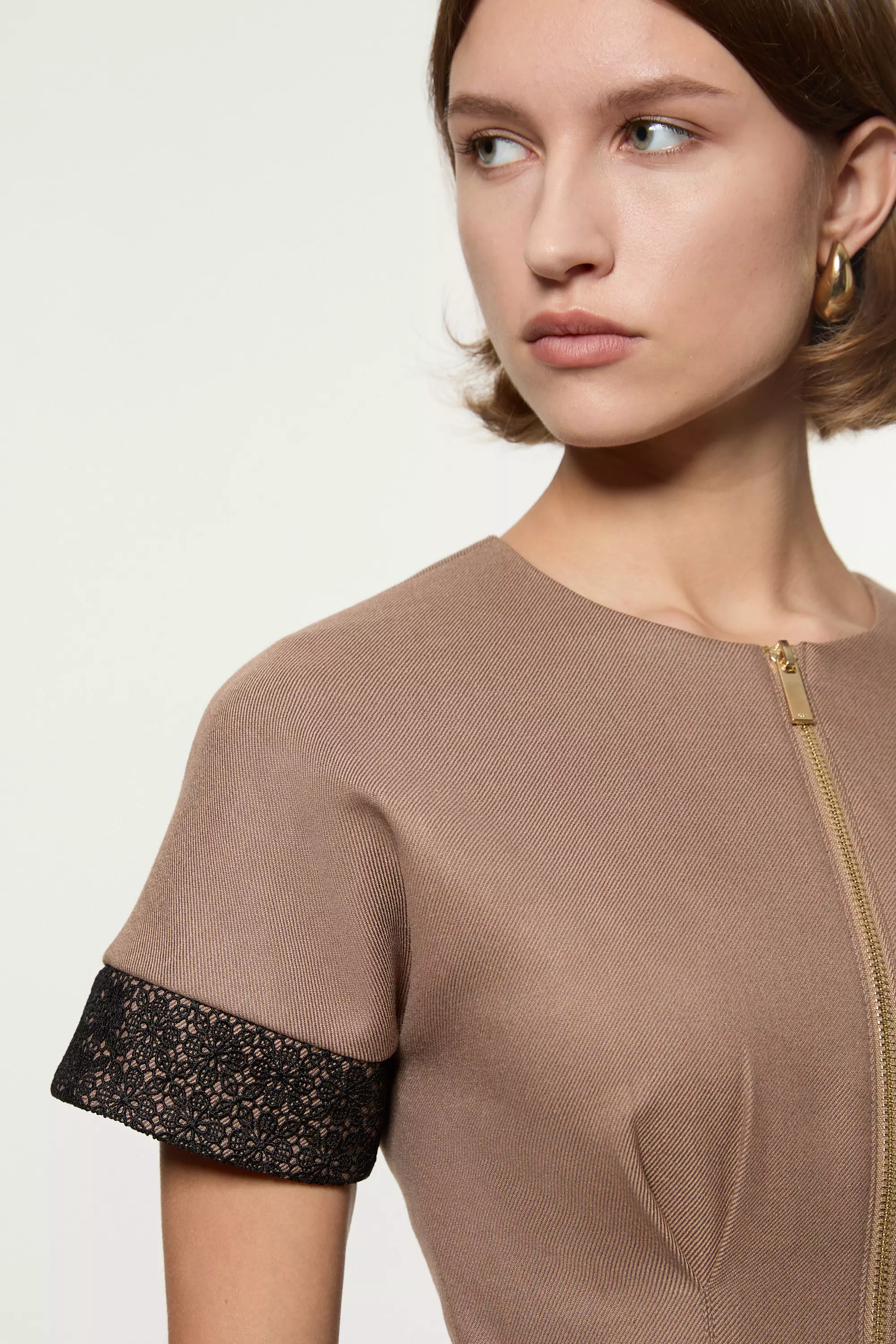 Taupe Tailored Twill Lace Mix Zip Front Mini Dress alternative image
