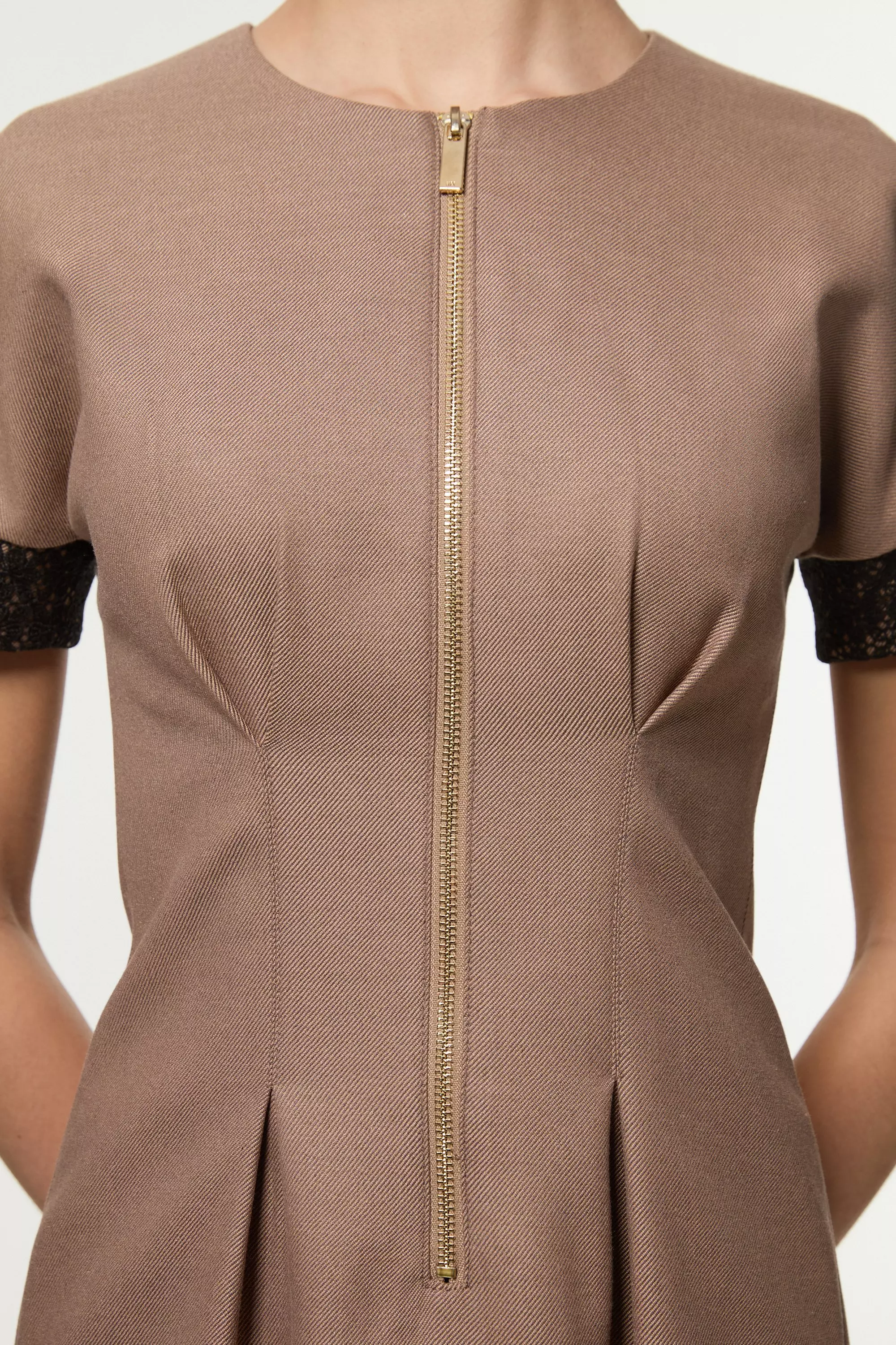 Taupe Tailored Twill Lace Mix Zip Front Mini Dress alternative image