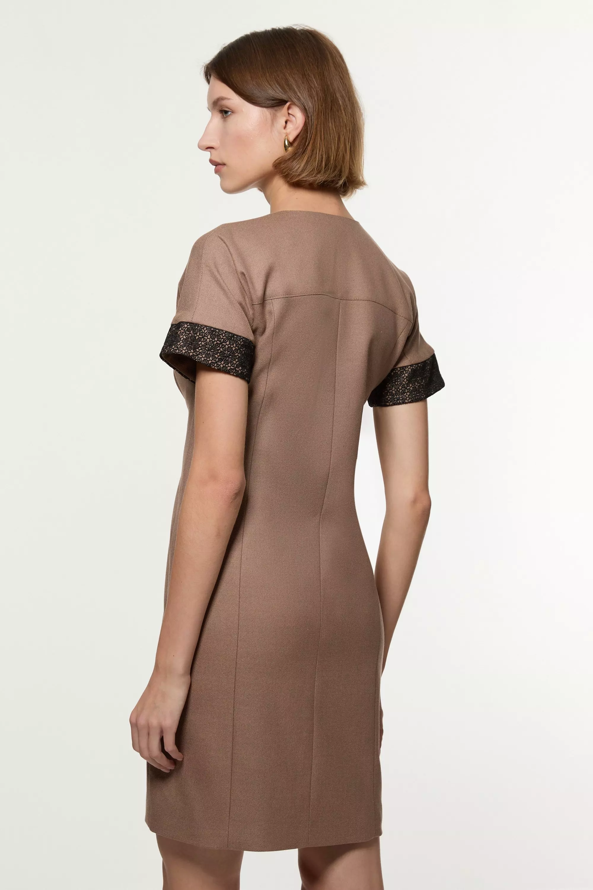 Taupe Tailored Twill Lace Mix Zip Front Mini Dress alternative image