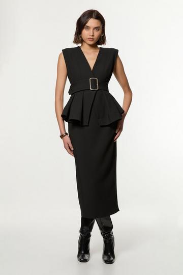 Black Compact Stretch Belted Peplum Tailored Maxi Dress