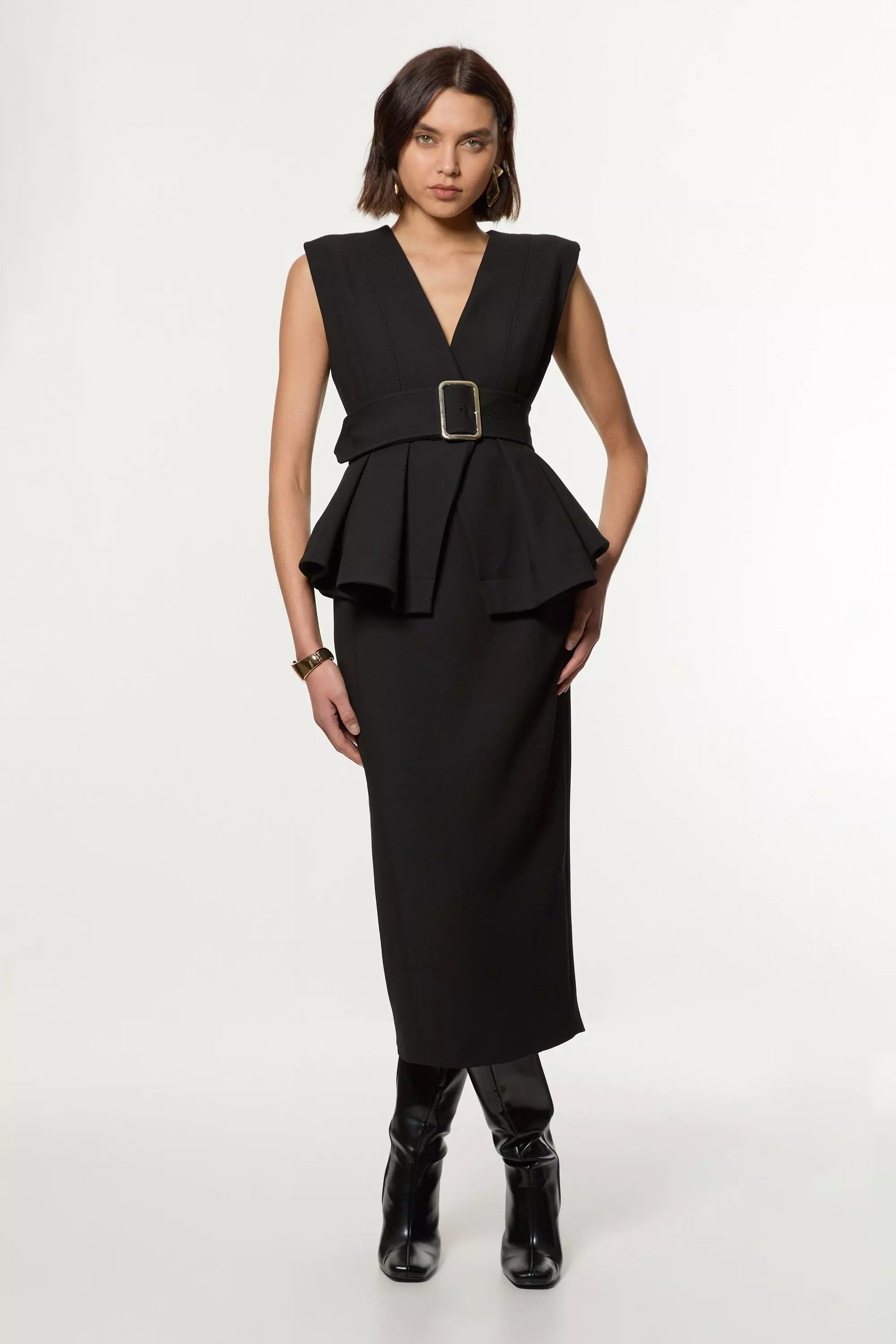 Black Compact Stretch Belted  Peplum Tailored Maxi Dress alternative image