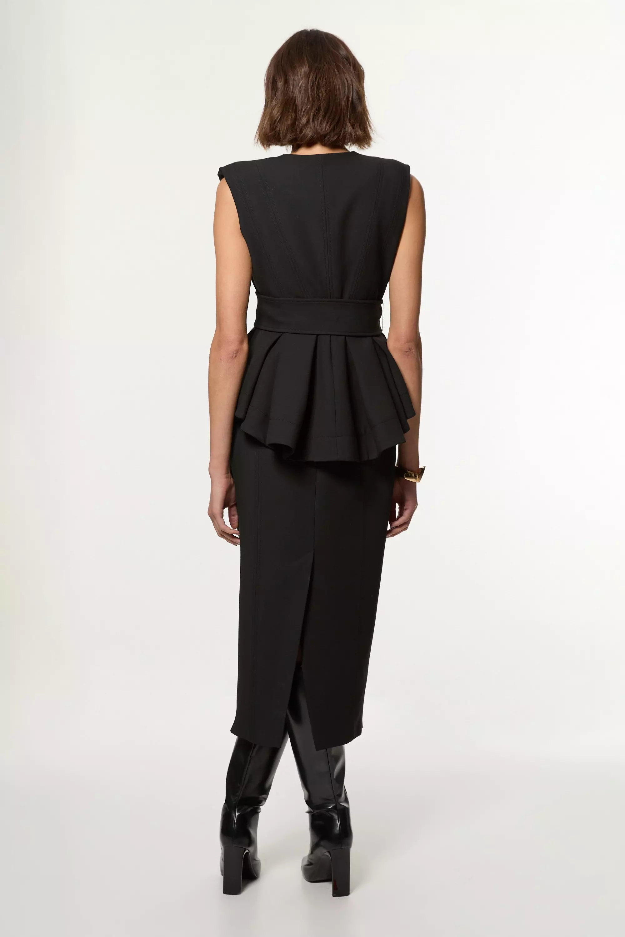 Black Compact Stretch Belted  Peplum Tailored Maxi Dress alternative image