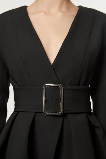 Black Compact Stretch Belted Peplum Tailored Jacket