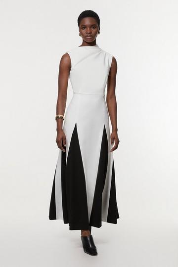 Compact Stretch Tailored Colour Block Full Skirted Midi Dress ivory