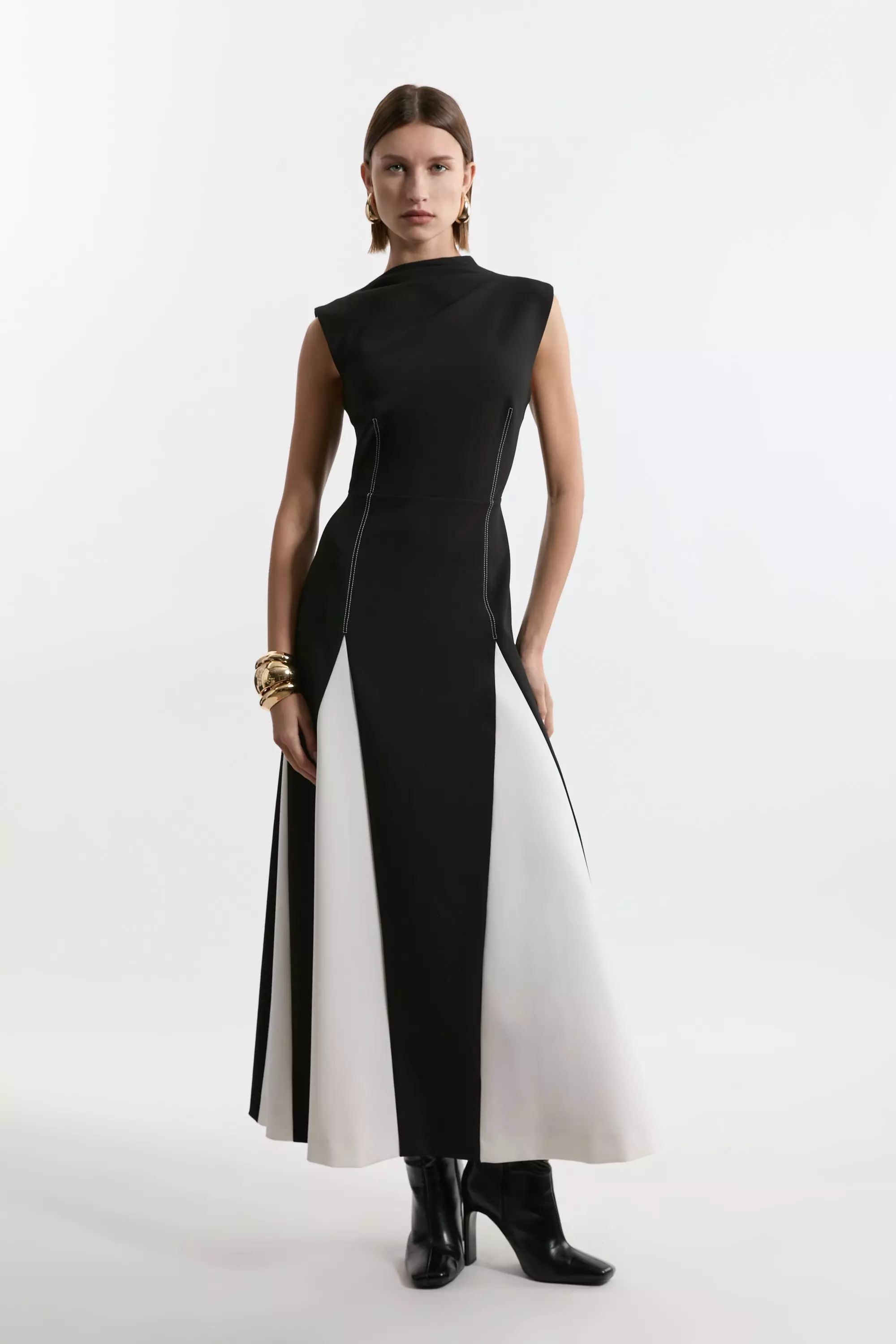 Mono Compact Stretch Tailored Colour Block Full Skirted Midi Dress alternative image