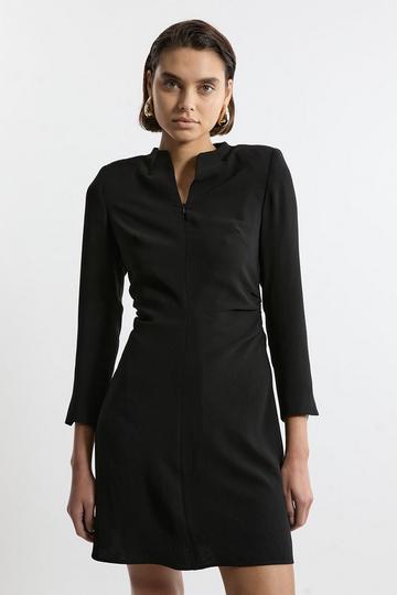 Black Soft Tailored Ruched Waist Long Sleeve Mini Dress