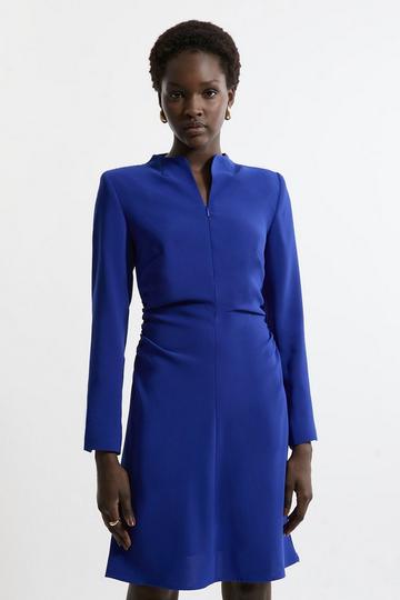 Soft Tailored Ruched Waist Long Sleeve Mini Dress cobalt