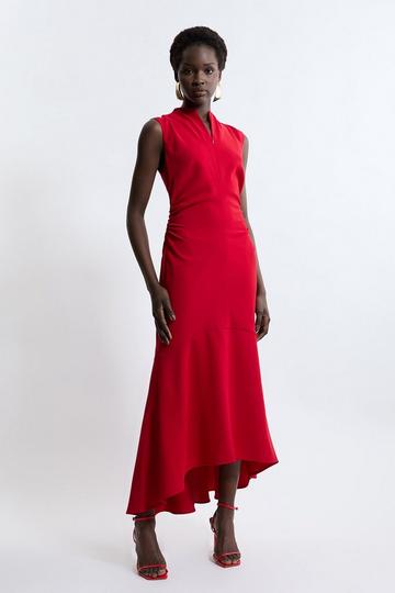 Soft Tailored Ruched Waist Sleeveless Midi Dress red