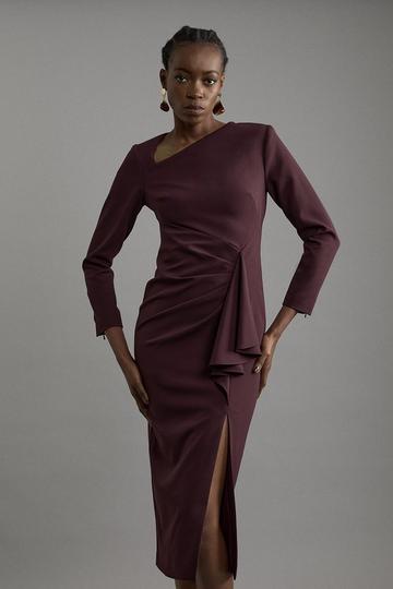 Stretch Crepe Asymmetric Neck Ruffle Drape Midi Dress aubergine