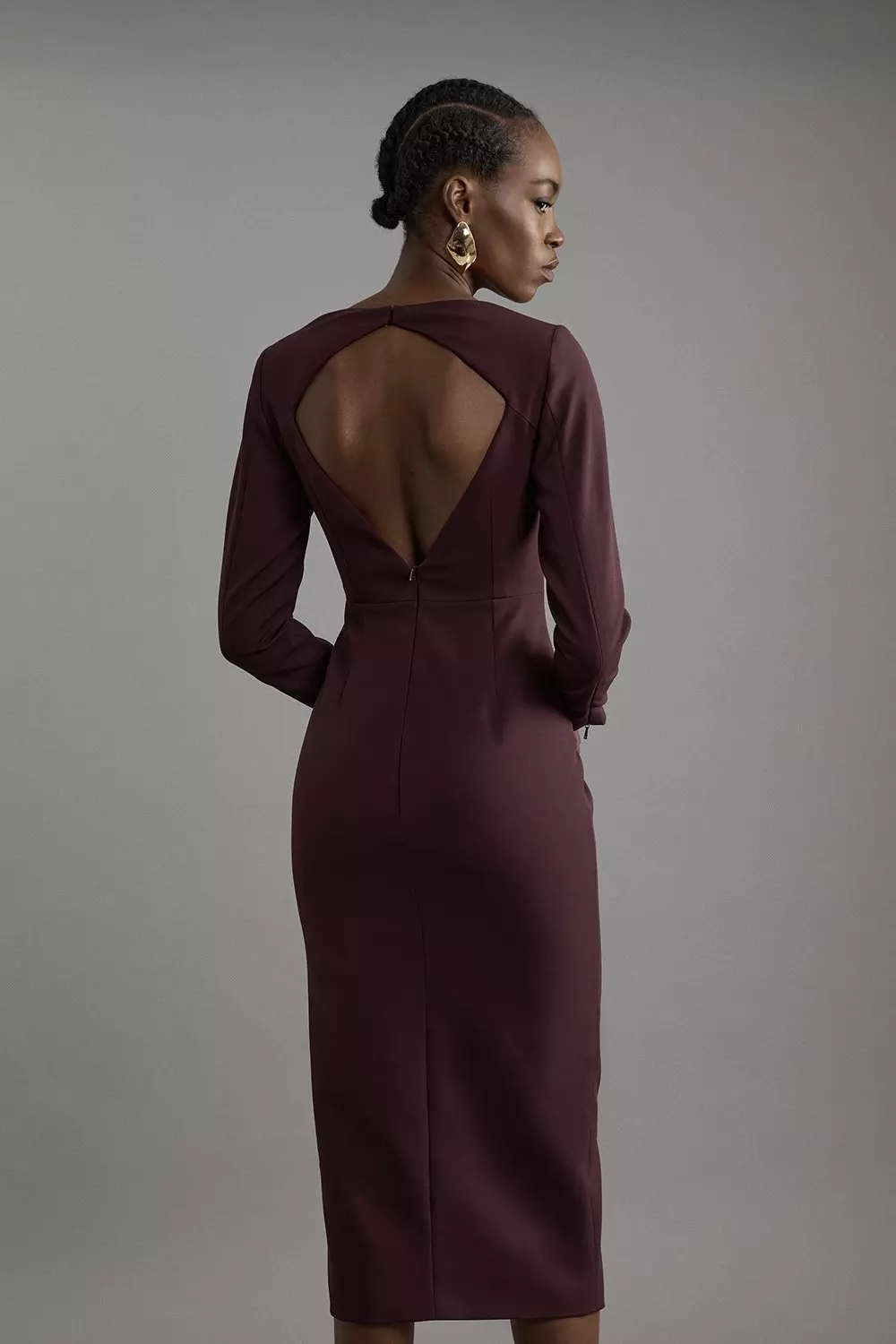 Stretch Crepe Asymmetric Neck Ruffle Drape Midi Dress